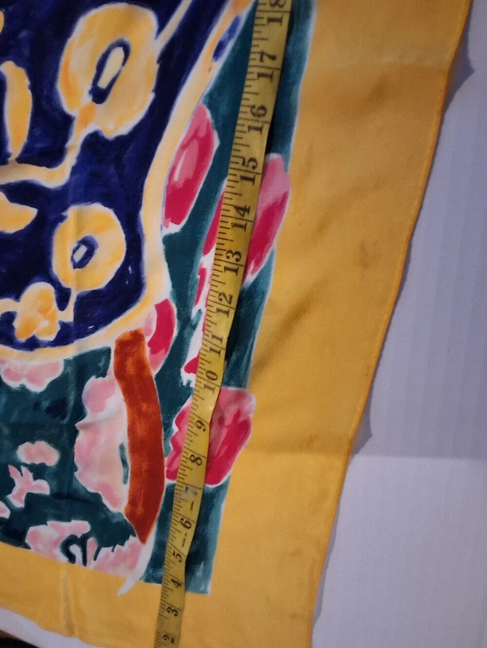 Vintage Silk Feel Scarf Rolled Edge Colorblock Floral Baroque Yellow Border